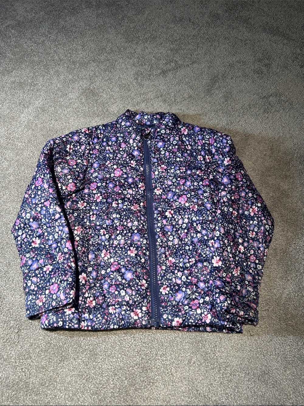 Lands' End Kids Navy Floral Puffer Jacket with Pink Accents